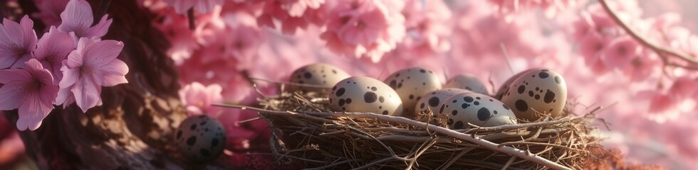 An ultra-HD view of a nest with speckled eggs, set against the backdrop of a tree in full pink bloom, the crisp morning light enhancing every detail for a lifelike appearance.