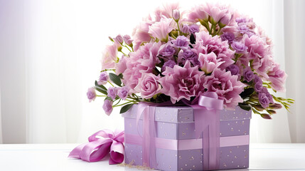 Purple gift box with a bouquet of flowers on the table. Florist shop advertising banner layout.