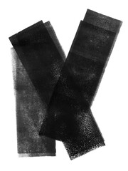 Linocut, relief printing rectangle textures, stripes. Black and white artistic linocutting text backgrounds with rough uneven edge. Paint roller stains, wide textured lino ink remains.