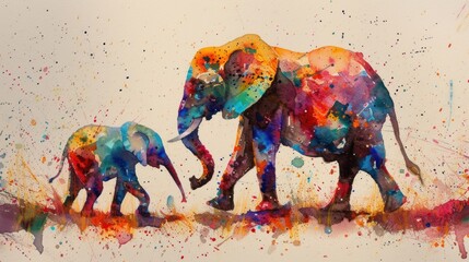 a painting of two elephants and a baby elephant in a field of paint splattered on a white background.