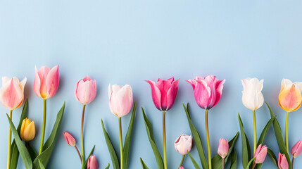 pink tulips in the garden on blue background  with copy space area