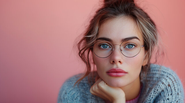 Retrato de cerca de una chica joven, guapa, de ojos azules, con gafas sobre fondo rosa claro.