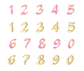 Volumetric numbers from 0 to 9 isolated on a white background, holographic text. Sparkling glow in golden and pink tones.