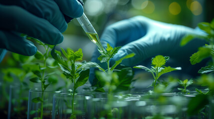 Hand holds pipette, dropping water onto terrestrial plant in petri dish