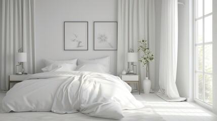 Fototapeta na wymiar a bed with white sheets and pillows in a room with white curtains and a picture of a flower on the wall.