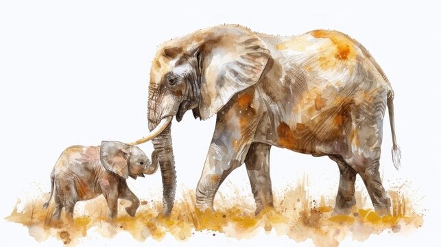 a watercolor painting of an elephant with a baby elephant in it's trunk and a larger elephant in the background.