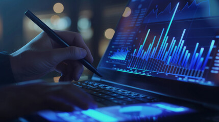 person's hand is holding a stylus over a laptop screen displaying various colorful data analytics and graphs.