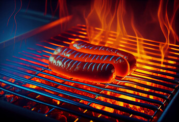 Juicy Sausages Grilling on Barbecue Grate