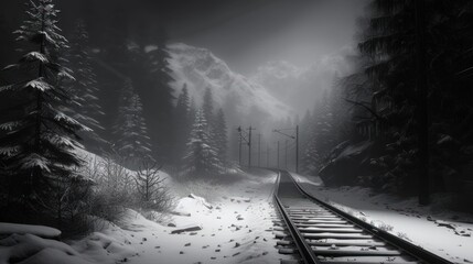 a black and white photo of a train track in the middle of a snow covered forest with power lines in the distance.