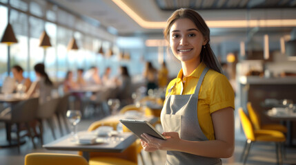 A young woman in a yellow shirt and apron is holding a tablet, standing in a restaurant with seating and customers in the background.