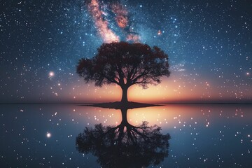 A solitary tree under the stars, reflecting the solitude and peace found in nature scenes - obrazy, fototapety, plakaty