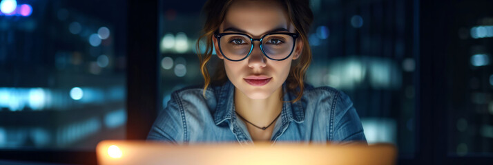 Beautiful young woman wearing glasses looking at laptop at night. Screen light reflecting in young female's glasses. Working late at evening.