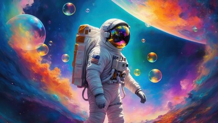 Fototapeta premium Beautiful painting of an astronaut in in a colorful bubbles galaxy on a different planet. generative, ai.