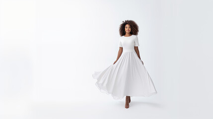 Full length African American woman in a white dress on a white background. Fashion banner mockup with free space for product placement or promotional text.
