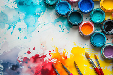 Table with watercolor paints and painting paper sheet in the center, brushes and art supplies, top down view.