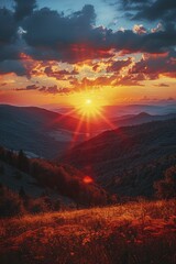 Vibrant evening sky above rolling hills ushers in night, inviting contemplation and serenity