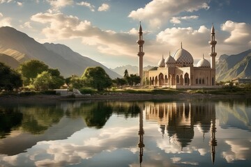 Fototapeta na wymiar Mosque reflection in the lake with reflection of clouds and mountains. muslim spirituality. panoramic view of a mosque.
