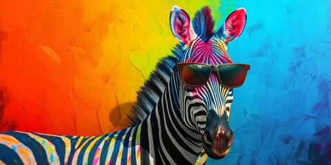 Fototapeta na wymiar Multicolored neon party zebra wearing sunglasses on vivid background.