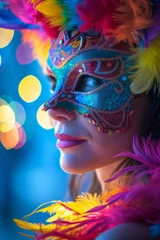 Badkamer foto achterwand Carnaval Beautiful young woman with creative make-up wearing multicolored carnival mask with feathers. Girl wearing costume celebrating carnival. Bokeh lights in background.