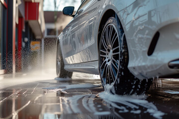 Car covered with soap and foam during carwash in a garage.