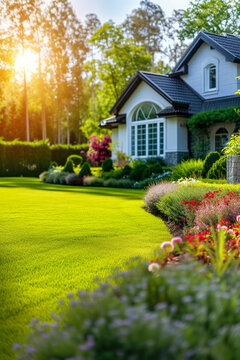 Perfect manicured lawn and flowerbed with shrubs in sunshine, on a backdrop of residential house backyard.