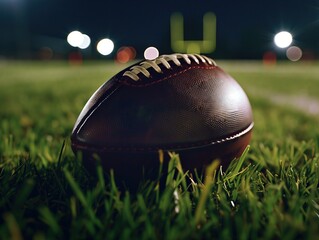 football sits on the grass of a field at night. The background is a dark blue with lights.