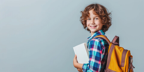 Cheerful child wearing a school backpack on solid background. Young student with a book. First day of school concept.