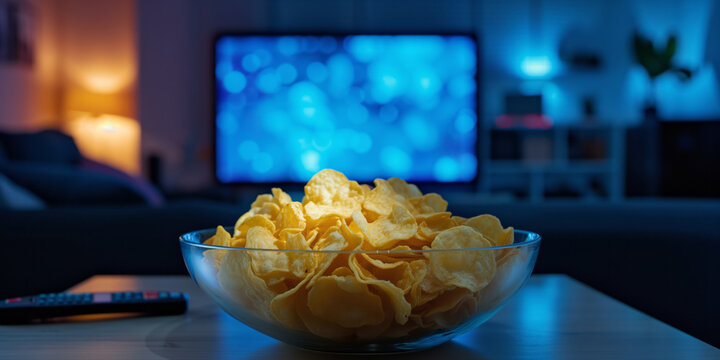 Bowl of chips in front of TV screen. Watching television at home.