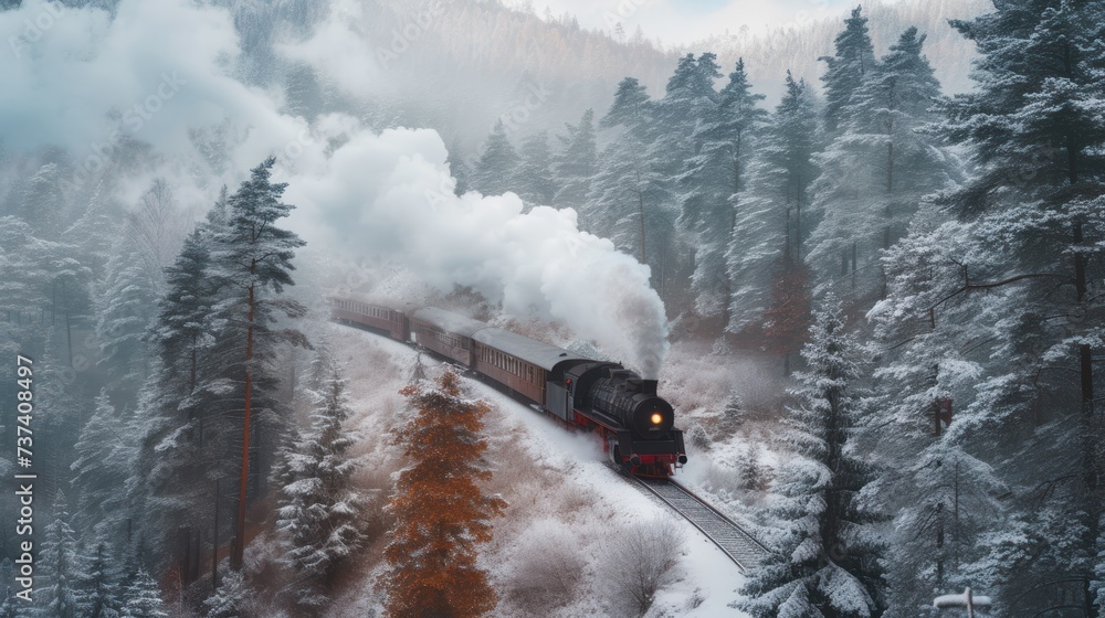 Poster a train is coming down the tracks in a snowy wooded area with trees on both sides of the track and a