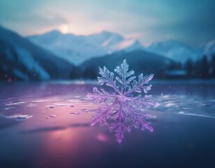 A translucent snowflake on a reflective surface with snow-capped mountains and a vibrant sunset in the background
