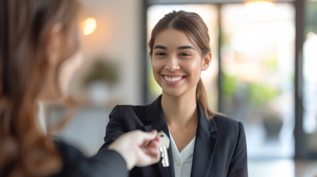 A smiling woman in a suit is receiving keys, suggesting a successful transaction in a professional setting.
