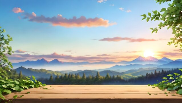 table background of free space for your decoration and blurred landscape of mountains. Blue sky with sun light and nature green small leaves. digital ai
