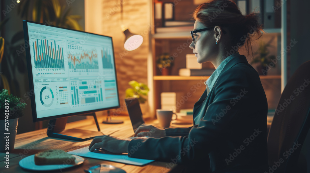 Poster a professional woman is analyzing data on a computer monitor displaying various graphs and charts in