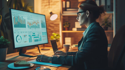 A professional woman is analyzing data on a computer monitor displaying various graphs and charts in an office environment during the evening. - obrazy, fototapety, plakaty