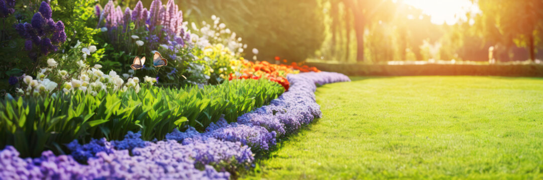 A beautiful well-groomed lawn and a flower bed with bushes in the sunlight against the backdrop of spring trees in the park. Landscape Sunset or sunrise