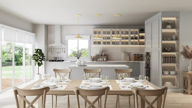 Animation of modern luxury vintage style dining room and kitchen interior 3d render, There are wooden floor ,decorated with wooden furniture, large window overlooking nature view