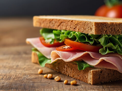 Sandwich Tasty sandwich with ham or bacon cheese tomatoes lettuce and grain bread Delicious club sandwich or school lunch breakfast or snack. with copy space image. Place for adding text or design