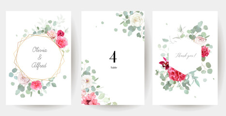 Silver sage green and trendy barbie pink flowers vector design frames. Rose, white peony, orchid, hydrangea, ranunculus © lavendertime