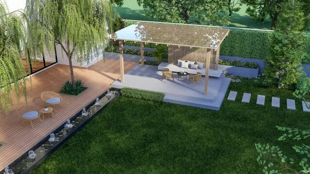 Animation of top view modern contemporary style green garden with wooden terrace and glass roof pavilion 3d render, there are empty green lawn decorated with black tiled pond with fountain.