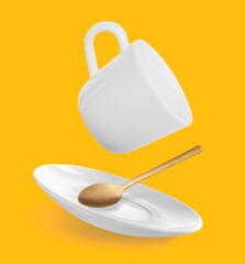 Spoon, cup and saucer falling on orange background