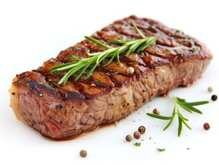  grilled steak with herbs on top sits on a white surface.