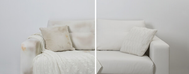 Sofa before and after dry-cleaning near light grey wall indoors, collage