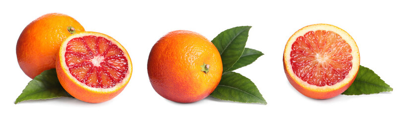 Ripe red oranges and green leaves isolated on white, set