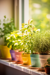 Fragrant herbs in pots. Eco house. Green corner. Houseplants background. Basil, Rosemary, Mint, Thyme

