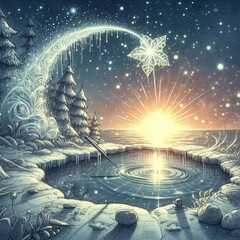 Illustrated doodle ornamental magical winter scenery with star