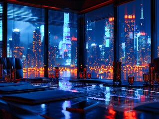 Obraz premium Futuristic Cityscape at Night, Illuminated by Neon Lights and Digital Innovations, Symbolizing Urban Technology and Progress