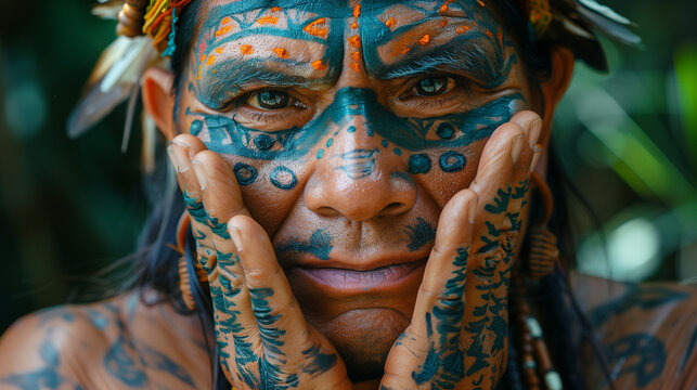 A Mexican shaman holds his face with his hands and performs an ancient ritual. traditions. witchcraft, shamanism. 