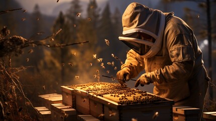 a person in a beehive with a mask and a beehive - obrazy, fototapety, plakaty