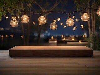 Wood dinner table top with decorative outdoor string lights hanging on tree in the garden at night time
