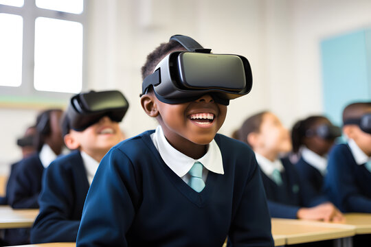 Portrait of happy schoolboy using virtual reality headset in classroom at school